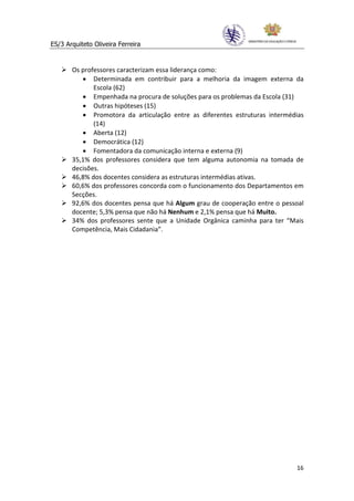 ES/3 Arquiteto Oliveira Ferreira


       Os professores caracterizam essa liderança como:
          • Determinada em contribuir para a melhoria da imagem externa da
              Escola (62)
          • Empenhada na procura de soluções para os problemas da Escola (31)
          • Outras hipóteses (15)
          • Promotora da articulação entre as diferentes estruturas intermédias
              (14)
          • Aberta (12)
          • Democrática (12)
          • Fomentadora da comunicação interna e externa (9)
       35,1% dos professores considera que tem alguma autonomia na tomada de
       decisões.
       46,8% dos docentes considera as estruturas intermédias ativas.
       60,6% dos professores concorda com o funcionamento dos Departamentos em
       Secções.
       92,6% dos docentes pensa que há Algum grau de cooperação entre o pessoal
       docente; 5,3% pensa que não há Nenhum e 2,1% pensa que há Muito.
       34% dos professores sente que a Unidade Orgânica caminha para ter “Mais
       Competência, Mais Cidadania”.




                                                                            16
 