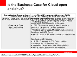 Is the Business Case for Cloud open
        and shut?
    Data Center Economics                    Cloud Economics (Amazon EC2)
                                      Windows Large instance
                                      •15 GB memory 8 EC2 Compute Units (4 virtual
                                      cores with 2 EC2 Compute Units each)
         Outsource Cost:              • 1,690 GB instance storage, 64-bit platform
         ±$10,000/annum               (4 by 420 GB plus 10 GB root partition)
                                      • Windows Server 2003, Microsoft Authentication
                                      Services, and SQL Server
                                      Costs $3.20/hr or $2,304/month or $27,000/annum

                                      Windows small instance
                                      • 1.7 GB of memory, 1 EC2 Compute Unit
                                      (1 virtual core with 1 EC2 Compute Unit)
                                      • 160 GB of instance storage, 32-bit platform
                                      Costs $.125/hr, $90/month for Windows.


http://www.cio.com/article/480595/The_Case_Against_Cloud_Computing_Part_Four
 