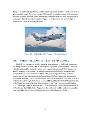28
designed to “cope with the challenges of the electronic signals in the modern theater” (Israel
Ministry of Defense). The primary tasks of this aircraft include long-range, high endurance
missions to search, intercept, locate, and analyze communication and radar transmissions as
well as provide real-time reporting of intelligence to field commanders and intelligence
organizations (Israel Ministry of Defense).
Figure 16: “ELI-3001 AISIS” Source: Flightglobal.com
LIGHT UTILITY HELICOPTER (LUH) – UH-72A LAKOTA
The UH-72A Lakota was initially approved for acquisition by the United States Army
and Army National Guard in 2006. It was acquired to perform “general support” functions
typically performed by the rapidly aging, more expensive to operate, UH-60 Blackhawk.
Specific tasks performed by the Lakota in permissive environments include Homeland
Security taskings, search and rescue, MEDEVAC, supporting counter drug operations,
general support, and reconnaissance and surveillance (Defense Acquisition Management
Information Retrieval, 2012). The helicopter is produced by American Eurocopter, with 325
airframes funded through 2014 and an additional 55 in 2015 and expected 45 in 2016 (Office
of the Under Secretary of Defense (Comptroller), 2014). Total Program Acquisition Cost
(PAUC) through 2014 is $1.8 billion ($TY) for 315 airframes. This equates to a unit cost of
$5.7 million at the 2012 Selected Acquisition Report down from $5.8 million forecasted in
June 2006 (Defense Acquisition Management Information Retrieval, 2012).
 