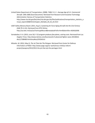 43
United States Department of Transportation. (2008). TABLE 3-1-1 - Average Age of U.S. Commercial
Aircraft: 1995-2006 (Excel Document). Retrieved from Research and Innovative Technology
Administation: Bureau of Transportation Statistics:
http://www.rita.dot.gov/bts/sites/rita.dot.gov.bts/files/publications/transportation_statistics_a
nnual_report/2008/html/chapter_03/table_03_01_01.html
USAF Safety Advisory Board. (2011, Aug 1). Sustaining Air Force Aging Aircraft into the 21st Century
(SAB-TR-11-01). Retrieved from DTIC Online:
http://oai.dtic.mil/oai/oai?verb=getRecord&metadataPrefix=html&identifier=ADA562696
Vartabedian, R. A. (2013, June 16). F-22 program produces few planes, soaring costs. Retrieved from Los
Angeles Times: http://www.latimes.com/business/la-fi-advanced-fighter-woes-20130616-
dto,0,7588480.htmlstory#ixzz2lVOz6UzU
Wheeler, W. (2012, May 2). The Jet That Ate The Petagon. Retrieved from Center for Defense
Information at POGO: http://www.pogo.org/our-work/straus-military-reform-
project/weapons/2012/2012-the-jet-that-ate-the-pentagon.html
 