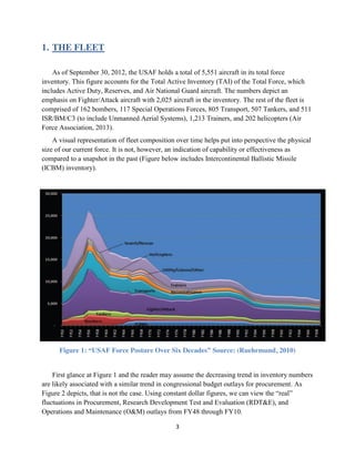3
1. THE FLEET
As of September 30, 2012, the USAF holds a total of 5,551 aircraft in its total force
inventory. This figure accounts for the Total Active Inventory (TAI) of the Total Force, which
includes Active Duty, Reserves, and Air National Guard aircraft. The numbers depict an
emphasis on Fighter/Attack aircraft with 2,025 aircraft in the inventory. The rest of the fleet is
comprised of 162 bombers, 117 Special Operations Forces, 805 Transport, 507 Tankers, and 511
ISR/BM/C3 (to include Unmanned Aerial Systems), 1,213 Trainers, and 202 helicopters (Air
Force Association, 2013).
A visual representation of fleet composition over time helps put into perspective the physical
size of our current force. It is not, however, an indication of capability or effectiveness as
compared to a snapshot in the past (Figure below includes Intercontinental Ballistic Missile
(ICBM) inventory).
Figure 1: “USAF Force Posture Over Six Decades” Source: (Ruehrmund, 2010)
First glance at Figure 1 and the reader may assume the decreasing trend in inventory numbers
are likely associated with a similar trend in congressional budget outlays for procurement. As
Figure 2 depicts, that is not the case. Using constant dollar figures, we can view the “real”
fluctuations in Procurement, Research Development Test and Evaluation (RDT&E), and
Operations and Maintenance (O&M) outlays from FY48 through FY10.
 