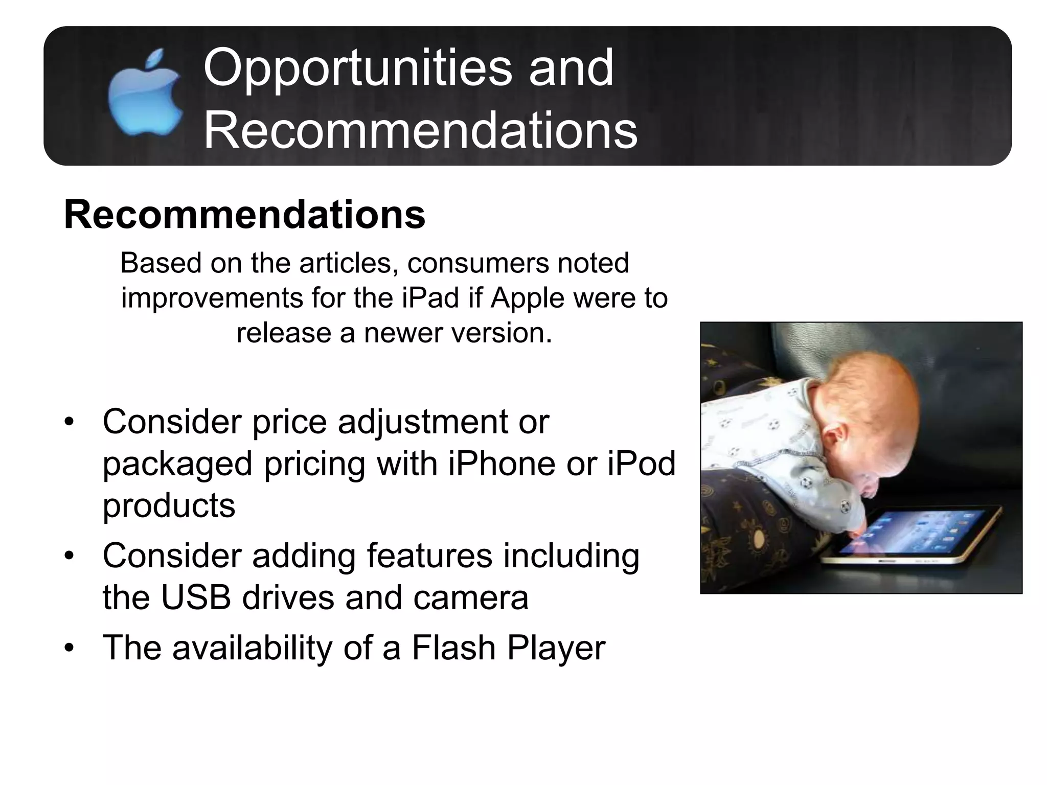 Opportunities and
Recommendations
Recommendations
Based on the articles, consumers noted
improvements for the iPad if Apple were to
release a newer version.
• Consider price adjustment or
packaged pricing with iPhone or iPod
products
• Consider adding features including
the USB drives and camera
• The availability of a Flash Player
 