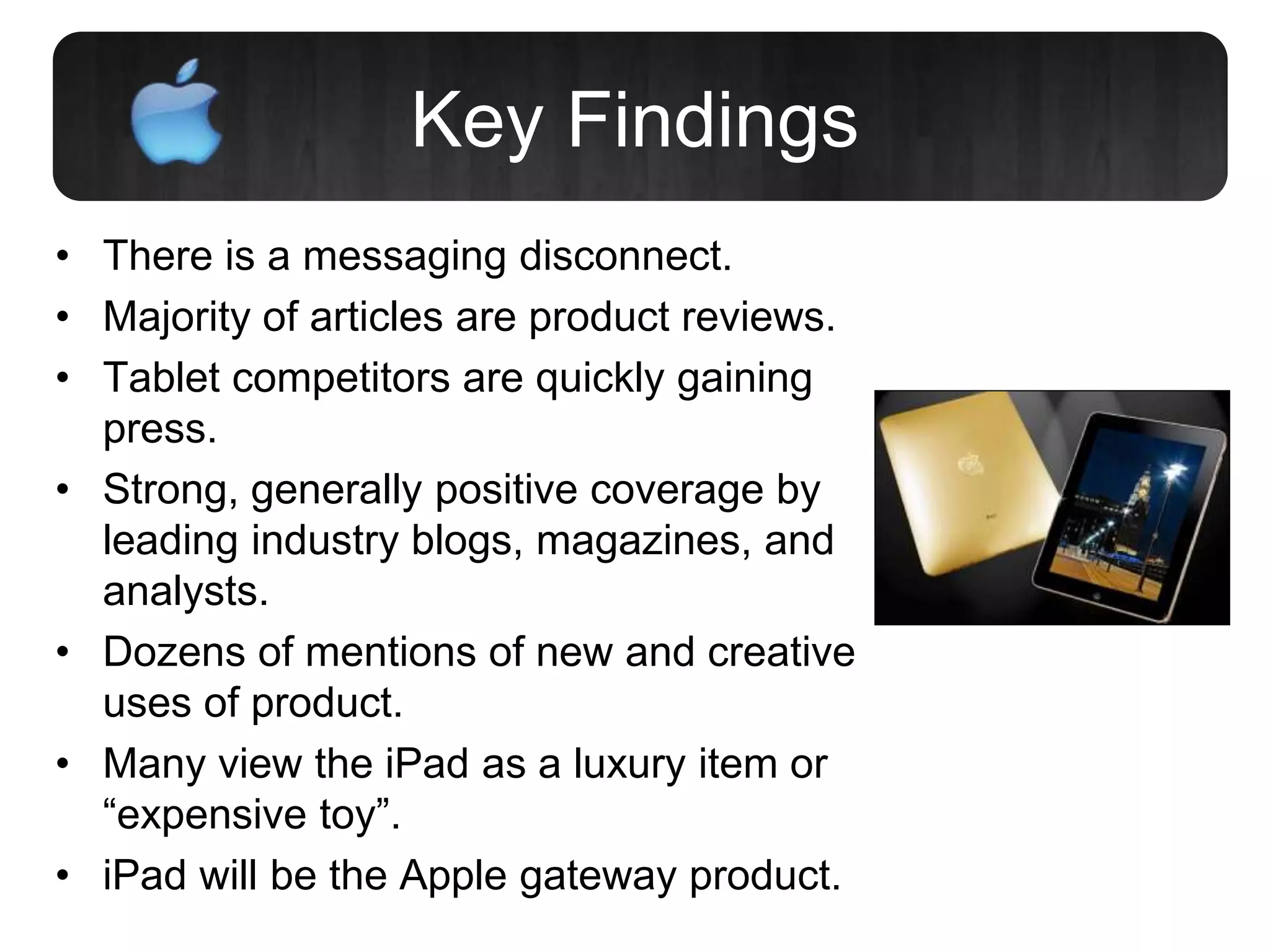 Key Findings
• There is a messaging disconnect.
• Majority of articles are product reviews.
• Tablet competitors are quickly gaining
press.
• Strong, generally positive coverage by
leading industry blogs, magazines, and
analysts.
• Dozens of mentions of new and creative
uses of product.
• Many view the iPad as a luxury item or
“expensive toy”.
• iPad will be the Apple gateway product.
 