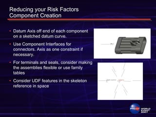 Reducing your Risk Factors
Component Creation
• Datum Axis off end of each component
on a sketched datum curve.
• Use Component Interfaces for
connectors. Axis as one constraint if
necessary.
• For terminals and seals, consider making
the assemblies flexible or use family
tables
• Consider UDF features in the skeleton
reference in space
 