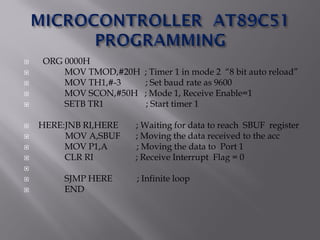  ORG 0000H
 MOV TMOD,#20H ; Timer 1 in mode 2 “8 bit auto reload”
 MOV TH1,#-3 ; Set baud rate as 9600
 MOV SCON,#50H ; Mode 1, Receive Enable=1
 SETB TR1 ; Start timer 1
 HERE:JNB RI,HERE ; Waiting for data to reach SBUF register
 MOV A,SBUF ; Moving the data received to the acc
 MOV P1,A ; Moving the data to Port 1
 CLR RI ; Receive Interrupt Flag = 0

 SJMP HERE ; Infinite loop
 END
 