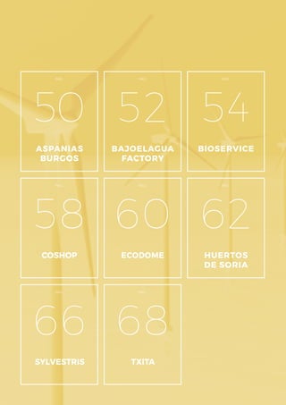 PÁG.
ASPANIAS
BURGOS
50
PÁG.
COSHOP
58
PÁG.
BAJOELAGUA
FACTORY
52
PÁG.
ECODOME
60
PÁG.
SYLVESTRIS
66
PÁG.
TXITA
68
PÁG.
BIOSERVICE
54
PÁG.
HUERTOS
DE SORIA
62
 