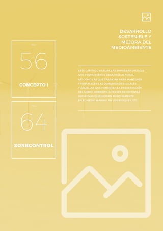 PÁG.
CONCEPTO I
56
PÁG.
SORBCONTROL
64
DESARROLLO
SOSTENIBLE Y
MEJORA DEL
MEDIOAMBIENTE
ESTE CAPÍTULO AGRUPA LAS EMPRESAS SOCIALES
QUE PROMUEVEN EL DESARROLLO RURAL,
ASÍ COMO LAS QUE TRABAJAN PARA MANTENER
Y FORTALECER LAS COMUNIDADES LOCALES
Y AQUELLAS QUE FOMENTAN LA PRESERVACIÓN
DEL MEDIO AMBIENTE, A TRAVÉS DE DISTINTAS
INICIATIVAS QUE INCIDEN POSITIVAMENTE
EN EL MEDIO MARINO, EN LOS BOSQUES, ETC.
 