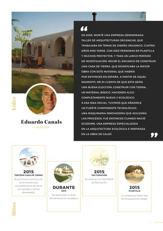 61
EN 2005, MONTÉ UNA EMPRESA DENOMINADA
TALLER DE ARQUITECTURAS ORGÁNICAS, QUE
TRABAJABA EN TEMAS DE DISEÑO ORGÁNICO. CUATRO
AÑOS MÁS TARDE, CON DIEZ PERSONAS EN PLANTILLA
Y MUCHOS PROYECTOS, Y TRAS UN LARGO PERÍODO
DE INVESTIGACIÓN, RECIBÍ EL ENCARGO DE CONSTRUIR
UNA CASA DE TIERRA, QUE SIGNIFICABA LA MAYOR
OBRA CON ESTE MATERIAL QUE HABRÍA
POR ENTONCES EN ESPAÑA. A PARTIR DE AQUEL
MOMENTO, ME DI CUENTA DE QUE ESTA SERÍA
UNA BUENA ELECCIÓN: CONSTRUIR CON TIERRA,
UN MATERIAL BÁSICO, HACIENDO ALGO
COMPLETAMENTE NUEVO Y ECOLÓGICO.
A ESA IDEA INICIAL, TUVIMOS QUE AÑADIRLE
UN FUERTE COMPONENTE TECNOLÓGICO,
UNA MAQUINARIA INNOVADORA QUE AGILIZARA
LOS PROCESOS. FUE ENTONCES CUANDO NACIÓ
ECODOME, UNA EMPRESA ESPECIALIZADA
EN LA ARQUITECTURA ECOLÓGICA E INSPIRADA
EN LA OBRA DE GAUDÍ.
Líder
FUNDADOR
Eduardo Canals
Se desarrollan 5 obras
de construcción ecológica.
La empresa ya tiene más
de 15 puestos de trabajo.
Se termina la construcción
de la tercera casa
completamente de tierra,
con paredes y techos
abovedados.
2015
TERCERA CASA DE TIERRA
DURANTE
2015
Se alcanzan los 500.000€
de facturación.
2015
FACTURACIÓN
2015
PLANTILLA
Hitos
 