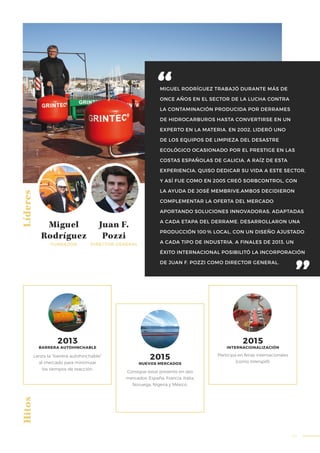 65
MIGUEL RODRÍGUEZ TRABAJÓ DURANTE MÁS DE
ONCE AÑOS EN EL SECTOR DE LA LUCHA CONTRA
LA CONTAMINACIÓN PRODUCIDA POR DERRAMES
DE HIDROCARBUROS HASTA CONVERTIRSE EN UN
EXPERTO EN LA MATERIA. EN 2002, LIDERÓ UNO
DE LOS EQUIPOS DE LIMPIEZA DEL DESASTRE
ECOLÓGICO OCASIONADO POR EL PRESTIGE EN LAS
COSTAS ESPAÑOLAS DE GALICIA. A RAÍZ DE ESTA
EXPERIENCIA, QUISO DEDICAR SU VIDA A ESTE SECTOR,
Y ASÍ FUE COMO EN 2005 CREÓ SORBCONTROL, CON
LA AYUDA DE JOSÉ MEMBRIVE.AMBOS DECIDIERON
COMPLEMENTAR LA OFERTA DEL MERCADO
APORTANDO SOLUCIONES INNOVADORAS, ADAPTADAS
A CADA ETAPA DEL DERRAME. DESARROLLARON UNA
PRODUCCIÓN 100 % LOCAL, CON UN DISEÑO AJUSTADO
A CADA TIPO DE INDUSTRIA. A FINALES DE 2013, UN
ÉXITO INTERNACIONAL POSIBILITÓ LA INCORPORACIÓN
DE JUAN F. POZZI COMO DIRECTOR GENERAL.
Líderes
Miguel
Rodríguez
FUNDADOR
Juan F.
Pozzi
DIRECTOR GENERAL
Lanza la “barrera autohinchable”
al mercado para minimizar
los tiempos de reacción.
Consigue estar presente en seis
mercados: España, Francia, Italia,
Noruega, Nigeria y México.
Participa en ferias internacionales
(como Interspill).
Hitos
2013
BARRERA AUTOHINCHABLE
2015
INTERNACIONALIZACIÓN
2015
NUEVOS MERCADOS
 