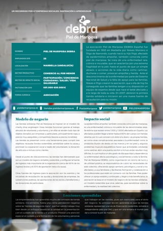#BBVAmomentum
UN RECORRIDO POR 50 EMPRESAS SOCIALES: INSPIRACIÓN & APRENDIZAJE I PRESENTACIÓN
La asociación Piel de Mariposa (DEBRA España) fue
fundada en 1993 en Marbella por Nieves Montero e
Íñigo de Ibarrondo, cuando nació su hijo Íñigo, afectado
de epidermólisis ampollar, también conocida como
piel de mariposa. Se trata de una enfermedad rara,
crónica e incurable, que se caracteriza por una extrema
fragilidad en la piel, hasta el punto de que un simple
abrazo, o acciones de la vida diaria como caminar,
ducharse o comer, provocan ampollas y herida. Ante el
desconocimiento de la enfermedad por parte del Sistema
Nacional de Salud y la falta de apoyo para las familias,
Nieves e Íñigo crearon la asociación, que a día de hoy ha
conseguido que las familias tengan a su disposición un
equipo de expertos desde que nace el bebé afectado y
a lo largo de toda su vida. En 2007, abrieron la primera
tienda solidaria e iniciaron así una nueva fuente de
recaudación para su misión.
Las tiendas solidarias Piel de Mariposa se inspiran en el modelo de
charity shop anglosajón. Estas tiendas funcionan gracias al trabajo
altruista de voluntarias y voluntarios, y en ellas se venden todo tipo de
objetos donados por empresas y particulares, principalmente ropa, a
precios muy asequibles y competitivos (tesoros a precios increíbles).
Las tiendas se presentan como una herramienta para cumplir tres
objetivos: recaudar fondos sostenibles, sensibilizar sobre la causa y
promover la cooperación social a través del voluntariado, la donación
de artículos e incluso como clientes.
Desde el punto de vista económico, las tiendas han demostrado que
son un modelo de negocio rentable y sostenible, y configuran la fuente
de ingresos más importante de la organización (cerca del 60 % de los
ingresos brutos y el 25 % de aportación neta a la causa).
Otras fuentes de ingresos para la asociación son los eventos y las
iniciativas de recaudación, las ayudas y donaciones de empresas, las
subvenciones públicas, las aportaciones de los socios y benefactores y
las donaciones de particulares.
Modelo de negocio
La epidermólisis ampollar, también conocida como piel de mariposa,
es una enfermedad crónica e incurable de las denominadas raras.
Se estima que existen entre 1.000 y 1.5000 afectados en España. Los
afectados pueden llegar a tener hasta el 80% del cuerpo con heridas
abiertas, por lo cual conviven con dolor el a diario. Las propias heridas,
así como otras complicaciones asociadas a la enfermedad, como la
sindáctila (fusión de dedos en las manos y en los pies) y algunos
problemas musculo-esqueléticos hacen que actividades cotidianas
como vestirse, abrir una puerta, escribir e incluso andar resulten muy
difíciles, lo cual implica un alto grado de discapacidad y dependencia
La enfermedad afecta psicológica y socialmente a toda la familia.
Piel de Mariposa DEBRA, como organización sin ánimo de lucro y
de utilidad pública, se responsabiliza de cubrir las necesidades de
este colectivo, ofreciendo apoyo sanitario, psicológico y social a los
afectados y a sus familiares, y facilitando formación y colaboración a
los profesionales que estén en contacto con las familias. Para poder
ofrecer un apoyo estable y continuado, y llegar a más beneficiarios, la
asociación se basa en el modelo de negocio de las tiendas solidarias,
un modelo sostenible que sirve, además, para sensibilizar sobre la
enfermedad y la realidad del colectivo.
Impacto social
Las emprendedoras han aprendido mucho del concepto de tienda
solidaria. Inicialmente, había una cierta percepción negativa
sobre las “tiendas de segunda mano”, que han sabido trabajar muy
bien desde un enfoque basado en la calidad en la presentación
y en el cuidado de la tienda y el producto. Prestan una atención
especial al cuidado y a la formación de los voluntarios y personas
NOMBRE
LOCALIZACIÓN
EMPLEADOS 2015
FORMA JURÍDICA
SECTOR PRODUCTIVO
SECTOR DE IMPACTO SOCIAL
FACTURACIÓN 2015
PIEL DE MARIPOSA DEBRA
25
MARBELLA (ANDALUCÍA)
COMERCIO AL POR MENOR
PARTICIPACIÓN / CONCIENCIA
CIUDADANA / SALUD / VIDA
SALUDABLE
601.000-650.000€
ASOCIACIÓN
pieldemariposapieldemariposa.es tiendas.pieldemariposa.es
que trabajan en las tiendas, pues son esenciales para el éxito
del negocio. Su principal lección aprendida es que las tiendas
solidarias representan una vía de financiación sostenible, rentable e
independiente para una ONG y que son una ventana al mundo para
dar a conocer la piel de mariposa.
Lecciones aprendidas
PieldeMariposa PIELDEMARIPOSA
UN RECORRIDO POR 47 EMPRESAS SOCIALES: INSPIRACIÓN & APRENDIZAJE I VIDA Y ENVEJECIMIENTO ACTIVO
#BBVAmomentum
 