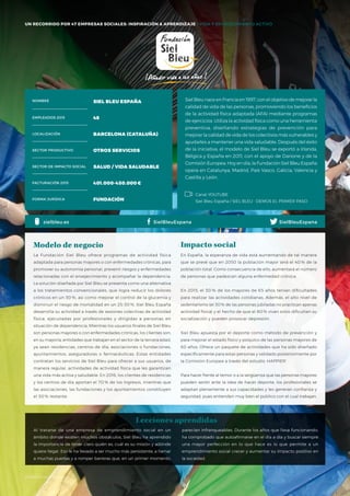 #BBVAmomentum
UN RECORRIDO POR 50 EMPRESAS SOCIALES: INSPIRACIÓN & APRENDIZAJE I PRESENTACIÓN
Siel Bleu nace en Francia en 1997, con el objetivo de mejorar la
calidad de vida de las personas, promoviendo los beneficios
de la actividad física adaptada (AFA) mediante programas
de ejercicios. Utiliza la actividad física como una herramienta
preventiva, diseñando estrategias de prevención para
mejorar la calidad de vida de los colectivos más vulnerables y
ayudarles a mantener una vida saludable. Después del éxito
de la iniciativa, el modelo de Siel Bleu se exportó a Irlanda,
Bélgica y España en 2011, con el apoyo de Danone y de la
Comisión Europea. Hoy en día, la Fundación Siel Bleu España
opera en Catalunya, Madrid, País Vasco, Galicia, Valencia y
Castilla y León.
La Fundación Siel Bleu ofrece programas de actividad física
adaptada para personas mayores o con enfermedades crónicas, para
promover su autonomía personal, prevenir riesgos y enfermedades
relacionadas con el envejecimiento y acompañar la dependencia.
La solución diseñada por Siel Bleu se presenta como una alternativa
a los tratamientos convencionales, que logra reducir los dolores
crónicos en un 30 %, así como mejorar el control de la glucemia y
disminuir el riesgo de mortalidad en un 25-30 %. Siel Bleu España
desarrolla su actividad a través de sesiones colectivas de actividad
física, ejecutadas por profesionales y dirigidas a personas en
situación de dependencia. Mientras los usuarios finales de Siel Bleu
son personas mayores o con enfermedades crónicas, los clientes son,
en su mayoría, entidades que trabajan en el sector de la tercera edad,
ya sean residencias, centros de día, asociaciones o fundaciones,
ayuntamientos, aseguradoras o farmacéuticas. Estas entidades
contratan los servicios de Siel Bleu para ofrecer a sus usuarios, de
manera regular, actividades de actividad física que les garanticen
una vida más activa y saludable. En 2016, los clientes de residencias
y los centros de día aportan el 70 % de los ingresos, mientras que
las asociaciones, las fundaciones y los ayuntamientos constituyen
el 30 % restante.
Modelo de negocio
En España, la esperanza de vida está aumentando de tal manera
que se prevé que en 2050 la población mayor será el 40 % de la
población total. Como consecuencia de ello, aumentará el número
de personas que padezcan alguna enfermedad crónica.
En 2015, el 30 % de los mayores de 65 años tenían dificultades
para realizar las actividades cotidianas. Además, el alto nivel de
sedentarismo (el 30% de las personas jubiladas no practican apenas
actividad física) y el hecho de que el 80 % vivan solos dificultan su
socialización y pueden provocar depresión.
Siel Bleu apuesta por el deporte como método de prevención y
para mejorar el estado físico y psíquico de las personas mayores de
60 años. Ofrece un paquete de actividades que ha sido diseñado
específicamente para estas personas y validado posteriormente por
la Comisión Europea a través del estudio HAPPIER.
Para hacer frente al temor o a la vergüenza que las personas mayores
pueden sentir ante la idea de hacer deporte, los profesionales se
adaptan plenamente a sus capacidades y les generan confianza y
seguridad, pues entienden muy bien el público con el cual trabajan.
Impacto social
Al tratarse de una empresa de emprendimiento social en un
ámbito donde existen muchos obstáculos, Siel Bleu ha aprendido
la importancia de tener claro quién es, cuál es su misión y adónde
quiere llegar. Eso le ha llevado a ser mucho más persistente, a llamar
a muchas puertas y a romper barreras que, en un primer momento,
NOMBRE SIEL BLEU ESPAÑA
EMPLEADOS 2015 48
LOCALIZACIÓN BARCELONA (CATALUÑA)
SECTOR PRODUCTIVO OTROS SERVICIOS
SECTOR DE IMPACTO SOCIAL SALUD / VIDA SALUDABLE
FACTURACIÓN 2015 401.000-450.000€
FORMA JURÍDICA FUNDACIÓN
SielBleuEspanasielbleu.es
parecían infranqueables. Durante los años que lleva funcionando,
ha comprobado que autoafirmarse en el día a día y buscar siempre
una mayor perfección en lo que hace es lo que permite a un
emprendimiento social crecer y aumentar su impacto positivo en
la sociedad.
Lecciones aprendidas
SielBleuEspana
Canal YOUTUBE
Siel Bleu España / SIEL BLEU · DEMOS EL PRIMER PASO
UN RECORRIDO POR 47 EMPRESAS SOCIALES: INSPIRACIÓN & APRENDIZAJE I VIDA Y ENVEJECIMIENTO ACTIVO
#BBVAmomentum
 