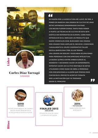 99
MI PASIÓN POR LA AGRICULTURA ME LLEVÓ, EN 1998, A
PONER EN MARCHA UNA GRANJA DE CULTIVO DE UNAS
SETAS JAPONESAS DENOMINADAS SHIITAKE.
LOS INICIOS FUERON DUROS, TANTO PARA PONER
A PUNTO LAS TÉCNICAS DE CULTIVO DE ESTA SETA
EXÓTICA SIN REFERENTES EN EUROPA, COMO PARA
INTRODUCIR EN EL MERCADO UN PRODUCTO QUE
NADIE CONOCÍA.EN 2008, BUSCANDO UNA GRANJA
MÁS GRANDE PARA AMPLIAR EL NEGOCIO, CONOCIMOS
CASUALMENTE EL GRUPO COOPERATIVO TALLER
ESCOLA BARCELONA (TEB). ELLOS TENÍAN
UNA GRANJA EN DESUSO Y BUSCABAN OCUPACIONES
PARA PERSONAS CON DISCAPACIDAD INTELECTUAL.
LA BUENA QUÍMICA ENTRE AMBOS SURGIÓ AL
MOMENTO Y DECIDIMOS HACER UN EXPERIMENTO:
INTENTAR HACER UN CULTIVO RENTABLE DE SETAS
UTILIZANDO COMO MANO DE OBRA A PERSONAS
CON DISCAPACIDAD.LA ILUSIÓN QUE PONÍAN ESOS
CHICOS EN EL PROYECTO ACENTUÓ TODAVÍA
MÁS LA MOTIVACIÓN QUE YA TENÍAMOS
DESDE EL PRINCIPIO.
LíderHitos
Inicia la comercialización de maitake o
seta de castaño. Bolet Bet Fet es
el único productor activo en Europa.
Empieza las obras de mejora
y ampliación de la granja.
Supera los 200.000 euros
de facturación.
2010
MAITAKE
2014
FACTURACIÓN
FINALES 2013
AMPLIACIÓN
FUNDADOR
Carles Díaz Tarragó
 