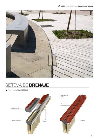 3
Con rejilla RANURADA
SISTEMA DE DRENAJE
Marco interior
Canal
Abertura de
rejilla
Pavimento
ArquetaMarco exterior
 