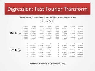 Digression: Fast Fourier Transform
        The Discrete Fourier Transform (DFT) as a matrix operation
                              X     U x


 Re U




 Im U



                  Perform The Unique Operations Only
 