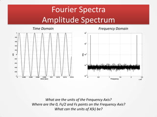 Fourier Spectra
                                           Amplitude Spectrum
                              Time Domain                                                                   Frequency Domain
                                                                                                  5
         1                                                                                   10

       0.8


       0.6
                                                                                                  0
                                                                                             10
       0.4


       0.2




                                                                                      X(k)
x(t)




                                                                                                  -5
         0                                                                                   10


       -0.2


       -0.4
                                                                                                  -10
                                                                                             10
       -0.6


       -0.8

                                                                                                  -15
        -1                                                                                   10
              0   0.002   0.004   0.006     0.008      0.01   0.012   0.014   0.016                    0   0.5   1               1.5   2      2.5
                                          time (sec)                                                                 Frequency             x 10
                                                                                                                                                  4




                                    What are the units of the Frequency Axis?
                             Where are the 0, Fs/2 and Fs points on the Frequency Axis?
                                          What can the units of X(k) be?
 