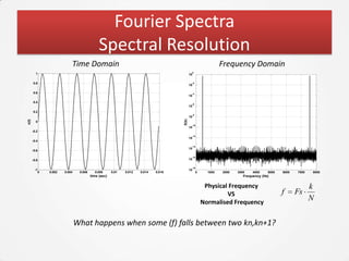 Fourier Spectra
                                                Spectral Resolution
                              Time Domain                                                                            Frequency Domain
                                                                                                   0
         1                                                                                    10

       0.8                                                                                         -2
                                                                                              10

       0.6                                                                                         -4
                                                                                              10

       0.4
                                                                                                   -6
                                                                                              10
       0.2
                                                                                                   -8
                                                                                              10




                                                                                       X(k)
x(t)




         0
                                                                                                   -10
                                                                                              10
       -0.2
                                                                                                   -12
                                                                                              10
       -0.4
                                                                                                   -14
                                                                                              10
       -0.6

                                                                                                   -16
       -0.8                                                                                   10

                                                                                                   -18
        -1                                                                                    10
              0   0.002   0.004    0.006     0.008      0.01   0.012   0.014   0.016                    0     1000   2000   3000    4000    5000   6000   7000   8000
                                           time (sec)                                                                          Frequency (Hz)


                                                                                                             Physical Frequency                                  k
                                                                                                                     VS                            f      Fs
                                                                                                            Normalised Frequency
                                                                                                                                                                 N


                                  What happens when some (f) falls between two kn,kn+1?
 