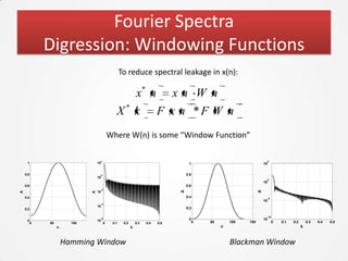 Fourier Spectra
              Digression: Windowing Functions
                                                       To reduce spectral leakage in x(n):

                                                                  x* n              xn W n
                                                   X* k                       F x n *F W n
                                                Where W(n) is some “Window Function”

                                        2                                                                                        5
     1                             10                                                     1                                 10


    0.8                                 0                                                0.8
                                   10
                                                                                                                                 0
                                                                                                                            10
    0.6                                                                                  0.6
                                        -2
                                                                                     A




                                                                                                                        A
                                   10
A




                               A




    0.4                                                                                  0.4                                     -5
                                                                                                                            10
                                        -4
                                   10
    0.2                                                                                  0.2

                                                                                                                                 -10
                                        -6                                                0                                 10
     0                             10                                                          0   50       100   150                 0   0.1   0.2       0.3   0.4   0.5
          0   50         100                0    0.1    0.2       0.3   0.4   0.5
                   n                                          k                                         n                                             k



                       Hamming Window                                                                       Blackman Window
 