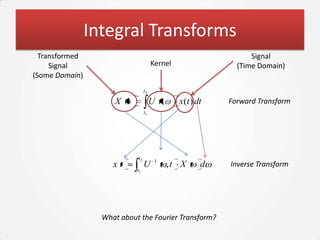 Integral Transforms
  Transformed                                                   Signal
     Signal                           Kernel                (Time Domain)
(Some Domain)
                                 t2

                     X                U t,     x(t ) dt   Forward Transform
                                 t1




                            t2
                                       1
                     xt          U           ,t X     d   Inverse Transform
                            t1




                  What about the Fourier Transform?
 