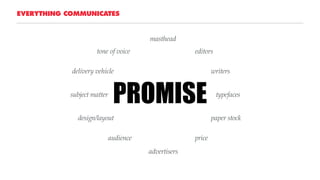 PROMISE
EVERYTHING COMMUNICATES
editors
masthead
design/layout
typefacessubject matter
paper stock
tone of voice
delivery vehicle writers
audience
advertisers
price
 
