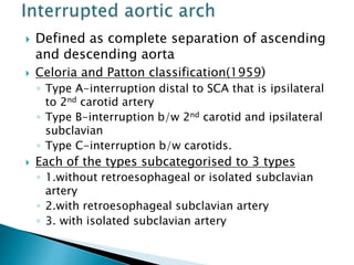  Defined as complete separation of ascending
and descending aorta
 Celoria and Patton classification(1959)
◦ Type A-interruption distal to SCA that is ipsilateral
to 2nd carotid artery
◦ Type B-interruption b/w 2nd carotid and ipsilateral
subclavian
◦ Type C-interruption b/w carotids.
 Each of the types subcategorised to 3 types
◦ 1.without retroesophageal or isolated subclavian
artery
◦ 2.with retroesophageal subclavian artery
◦ 3. with isolated subclavian artery
 