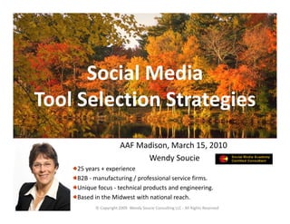 Social Media 
      Social Media
Tool Selection Strategies
Tool Selection Strategies
                       AAF Madison, March 15, 2010
                             Wendy Soucie
    25 years + experience 
    B2B ‐ manufacturing / professional service firms. 
    Unique focus ‐ technical products and engineering.  
    Based in the Midwest with national reach.
          © Copyright 2009  Wendy Soucie Consulting LLC ‐ All Rights Reserved
 