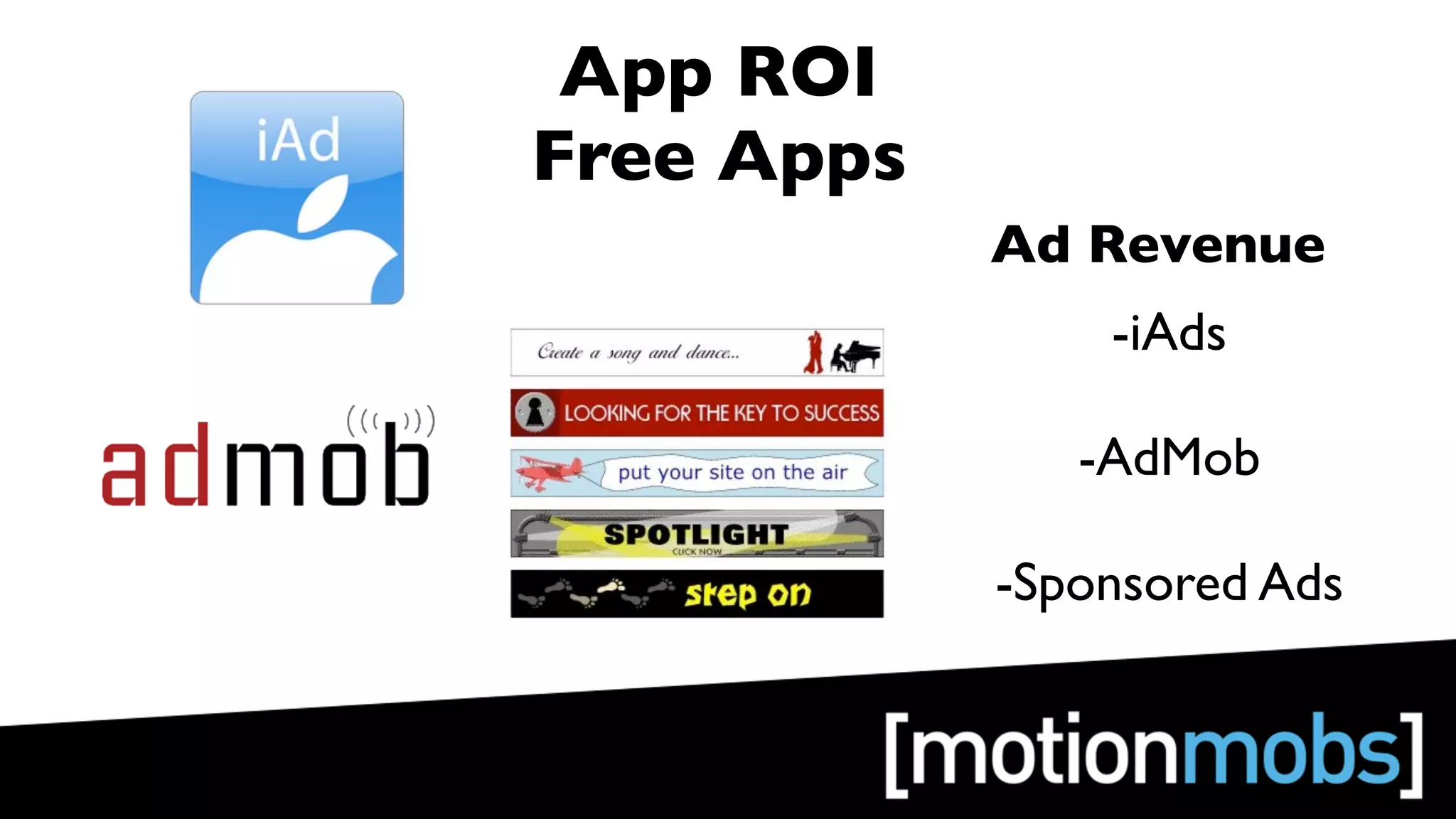 App ROI
Free Apps
            Ad Revenue
                -iAds

               -AdMob

            -Sponsored Ads
 
