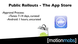 Public Rollouts - The App Store
-Approval Process:               .
     -iTunes: 7-14 days, curated
   -Android: 1 hours, uncurated
 