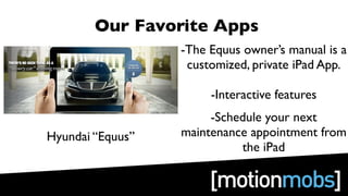 Our Favorite Apps
                  -The Equus owner’s manual is a
                   customized, private iPad App.

                       -Interactive features
                       -Schedule your next
Hyundai “Equus”   maintenance appointment from
                            the iPad
 