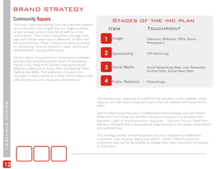 BRAND STRATEGY
                 Community Square                                                   Stages of the imc plan
                 The most important finding from the intensive research
                 we conducted is the insight that our target audience              Item                      Touchpoint
                 is very socially active in real life as well as in the
                 online world. Their online interactions through both
                 web and mobile media are an extension of their real
                 life conversations. These interactions serve as arenas
                                                                               1    Image                   Television, Billboard, Office Space,
                                                                                                            Newspapers
                 for identifying common interest in news, sports and
                 entertainment, among other topics.
                                                                               2    Sponsorship             FIFA World Cup
                 Certain topics transcend from conversations between
                 among a few people to greater levels of popularity.
                 Topics could range from Obama making his March
                 Madness selections to Kanye West humiliating Taylor           3    Social Media            Social Networking Sites, User Generated
                                                                                                            Content Sites, Social News Sites
                 Swift at the VMAs. This transition of topics from
                 mundane to high popularity is what Sphinx Advertising
                 calls the Community Square phenomenon.
                                                                               4    Public Relations        Philanthropy




                                                                          The Community Square is a platform for people to come together, share,
                                                                          discuss, and talk about issues and topics that are relevant and important to
BRAND STRATEGY




                                                                          them.

                                                                          Sphinx Advertising proposes a multifaceted brand strategy that will elevate
                                                                          State Farm from being just another insurance company to a company that
                                                                          becomes a part of the Community Square. Once this occurs, State Farm
                                                                          will be a company that is discussed at large because of its values, associations
                                                                          and partnerships.

                                                                          This strategy divides consumer groups into four categories of State Farm
                                                                          customers: new, existing, legacy and switch. Switch refers to potential
                                                                          customers that can be persuaded to change from other insurance companies
                                                                          to State Farm.




12
 