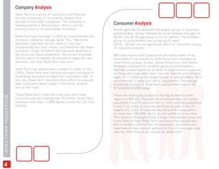 Company Analysis
                     State Farm is a group of insurance and financial
                     service companies. It is currently ranked 31st
                     among Fortune 500 companies. The company is
                     headquartered in Bloomington, Illinois, and its
                                                                               Consumer Analysis
                     primary focus is on automobile insurance.                 Adults aged 46-54 represent the largest group of insurance
                                                                               policyholders, closely followed by those between the ages of
                     State Farm was founded in 1922 by retired farmer and      36-44. The 26-34 age group is not far behind. The smallest
                     insurance salesman George Jacob “G.J.” Mecherle.          group of policyholders are young adults aged
                     Mecherle knew that farmers were on the road               18-25. Gender has no significant effect on consumer buying
                     substantially less than others, and therefore had fewer   of insurance policies.
                     accidents. It was his belief that everyone deserved a
                     fair price and claim settlement. His current employer     MRI data reports that Caucasians are nearly seven times
                     did not share his beliefs; he decided to begin his own    more likely to be insured by State Farm than members of
                     business, and thus State Farm was born.                   other ethnic groups. Asians, Native Americans, and Native
                                                                               Alaskans represent the smallest group of policyholders.
                     State Farm has always been a leader in safety. In the     Married couples are twice as likely to hold insurance policies
                     1920s, State Farm was the first insurance company to      as those who have never been married. Parents with children
                     emphasize education to keep their customers safe. To      aged 12-17 make up the largest group of policyholders. Most
                     this day, State Farm maintains their efforts to educate   are employed in sales and office occupations. The average
                     their customers about safety in the home, at work,        household income of State Farm policyholders lies in the
                     and on the road.                                          $75,000-$150,000 range.

                     Today State Farm holds the most auto and home             There are more policyholders in the South than in other
SITUATION ANALYSIS




                     insurance policies totaling over 75 million. State Farm   regions in the U.S. There are more policyholders in heavily
                     employs more than 17,000 agents across the U.S. and       populated A and B counties than in more scarcely populated
                     Canada.                                                   C and D counties. A counties are those located in the 25
                                                                               largest U.S. cities. B counties are those with a population
                                                                               of more than 150,000, which do not qualify as A counties.
                                                                               This means that people living in large metropolitan areas are
                                                                               more likely to have State Farm insurance than people who
                                                                               live in smaller communities. Homeowners, and those who
                                                                               have lived at their current address for five or more years are
                                                                               also far more likely to be insured by State Farm.




 4
 