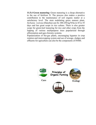 11.5.4 Green manuring: Green manuring is a cheap alternative
to the use of fertilizer N. The process also makes a positive
contribution to the maintenance of soil organic matter at a
satisfactory level. The stem nodulating green manure plant,
Sesbania rostrata (Danchia) can fix 100-250 kg/N/ha in 45 to 55
days and has great scope in rice culture. There is also greater
scope for green-leaf manuring for rice and other crops from the
lopping of various multipurpose trees popularized through
afforestation and agro-forestry systems.
Popularization of bio-gas plants, encouraging legumes in crop
rotation and intercropping system and use of sewage, sludges and
effluents for agriculture can also be the components of INMS.
 