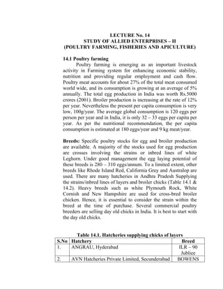 LECTURE No. 14
STUDY OF ALLIED ENTERPRISES – II
(POULTRY FARMING, FISHERIES AND APICULTURE)
14.1 Poultry farming
Poultry farming is emerging as an important livestock
activity in Farming system for enhancing economic stability,
nutrition and providing regular employment and cash flow.
Poultry meat accounts for about 27% of the total meat consumed
world wide, and its consumption is growing at an average of 5%
annually. The total egg production in India was worth Rs.5000
crores (2001). Broiler production is increasing at the rate of 12%
per year. Nevertheless the present per capita consumption is very
low, 100g/year. The average global consumption is 120 eggs per
person per year and in India, it is only 32 – 33 eggs per capita per
year. As per the nutritional recommendation, the per capita
consumption is estimated at 180 eggs/year and 9 kg meat/year.
Breeds: Specific poultry stocks for egg and broiler production
are available. A majority of the stocks used for egg production
are crosses involving the strains or inbred lines of white
Leghorn. Under good management the egg laying potential of
these breeds is 280 – 310 eggs/annum. To a limited extent, other
breeds like Rhode Island Red, California Grey and Australop are
used. There are many hatcheries in Andhra Pradesh Supplying
the strains/inbred lines of layers and broiler chicks (Table 14.1 &
14.2). Heavy breeds such as white Plymouth Rock, White
Cornish and New Hampshire are used for cross-bred broiler
chicken. Hence, it is essential to consider the strain within the
breed at the time of purchase. Several commercial poultry
breeders are selling day old chicks in India. It is best to start with
the day old chicks.
Table 14.1. Hatcheries supplying chicks of layers
S.No Hatchery Breed
1. ANGRAU, Hyderabad ILR – 90
Jubliee
2. AVN Hatcheries Private Limited, Secunderabad BOWENS
 
