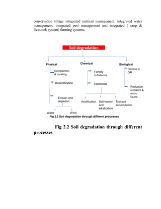 conservation tillage integrated nutrient management, integrated water
management, integrated pest management and integrated ( crop &
livestock system) farming systems,
Soil degradation
Physical Chemical Biological
Compaction
& crusting
Desertification
Erosion and
depletion
Water Wind
Fertility
imbalance
Elemental
Acidification Salinisation
and
alkalization
Toxicant
accumulation
Decline in
OM
Reduction
in macro &
micro
fauna
Fig 2.2 Soil degradation through different processes
Fig 2.2 Soil degradation through different
processes
 
