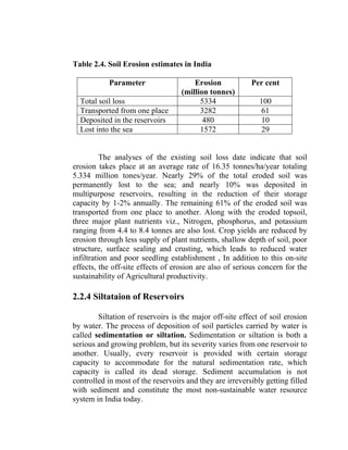 Table 2.4. Soil Erosion estimates in India
Parameter Erosion
(million tonnes)
Per cent
Total soil loss 5334 100
Transported from one place 3282 61
Deposited in the reservoirs 480 10
Lost into the sea 1572 29
The analyses of the existing soil loss date indicate that soil
erosion takes place at an average rate of 16.35 tonnes/ha/year totaling
5.334 million tones/year. Nearly 29% of the total eroded soil was
permanently lost to the sea; and nearly 10% was deposited in
multipurpose reservoirs, resulting in the reduction of their storage
capacity by 1-2% annually. The remaining 61% of the eroded soil was
transported from one place to another. Along with the eroded topsoil,
three major plant nutrients viz., Nitrogen, phosphorus, and potassium
ranging from 4.4 to 8.4 tonnes are also lost. Crop yields are reduced by
erosion through less supply of plant nutrients, shallow depth of soil, poor
structure, surface sealing and crusting, which leads to reduced water
infiltration and poor seedling establishment , In addition to this on-site
effects, the off-site effects of erosion are also of serious concern for the
sustainability of Agricultural productivity.
2.2.4 Siltataion of Reservoirs
Siltation of reservoirs is the major off-site effect of soil erosion
by water. The process of deposition of soil particles carried by water is
called sedimentation or siltation. Sedimentation or siltation is both a
serious and growing problem, but its severity varies from one reservoir to
another. Usually, every reservoir is provided with certain storage
capacity to accommodate for the natural sedimentation rate, which
capacity is called its dead storage. Sediment accumulation is not
controlled in most of the reservoirs and they are irreversibly getting filled
with sediment and constitute the most non-sustainable water resource
system in India today.
 