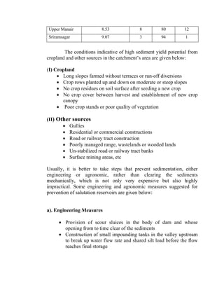 Upper Manair 8.53 8 80 12
Sriramsagar 9.07 3 94 1
The conditions indicative of high sediment yield potential from
cropland and other sources in the catchment’s area are given below:
(I) Cropland
• Long slopes farmed without terraces or run-off diversions
• Crop rows planted up and down on moderate or steep slopes
• No crop residues on soil surface after seeding a new crop
• No crop cover between harvest and establishment of new crop
canopy
• Poor crop stands or poor quality of vegetation
(II) Other sources
• Gullies
• Residential or commercial constructions
• Road or railway tract construction
• Poorly managed range, wastelands or wooded lands
• Un-stabilized road or railway tract banks
• Surface mining areas, etc
Usually, it is better to take steps that prevent sedimentation, either
engineering or agronomic, rather than clearing the sediments
mechanically, which is not only very expensive but also highly
impractical. Some engineering and agronomic measures suggested for
prevention of salutation reservoirs are given below:
a). Engineering Measures
• Provision of scour sluices in the body of dam and whose
opening from to time clear of the sediments
• Construction of small impounding tanks in the valley upstream
to break up water flow rate and shared silt load before the flow
reaches final storage
 