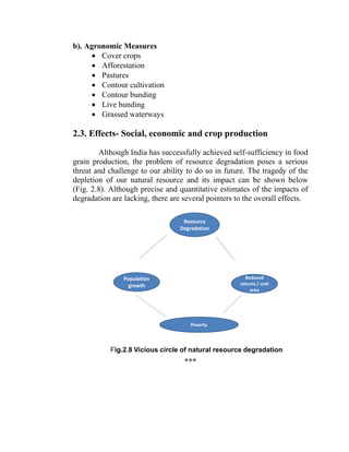 b). Agronomic Measures
• Cover crops
• Afforestation
• Pastures
• Contour cultivation
• Contour bunding
• Live bunding
• Grassed waterways
2.3. Effects- Social, economic and crop production
Although India has successfully achieved self-sufficiency in food
grain production, the problem of resource degradation poses a serious
threat and challenge to our ability to do so in future. The tragedy of the
depletion of our natural resource and its impact can be shown below
(Fig. 2.8). Although precise and quantitative estimates of the impacts of
degradation are lacking, there are several pointers to the overall effects.
Resource 
Degradation
Population 
growth
Reduced 
returns / unit 
area
Poverty
Fig.2.8 Vicious circle of natural resource degradation
***
 