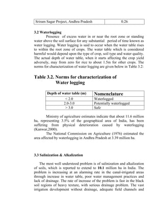 Sriram Sagar Project, Andhra Pradesh 0.26
3.2 Waterlogging
Presence of excess water in or near the root zone or standing
water above the soil surface for any substantial period of time known as
water logging. Water logging is said to occur when the water table rises
to within the root zone of crops. The water table which is considered
harmful would depend upon the type of crop, soil type and water quality.
The actual depth of water table, when it starts affecting the crop yield
adversely, may from zero for rice to about 1.5m for other crops. The
norms for characterization of water logging are given below in Table 3.2:
Table 3.2. Norms for characterization of
Water logging
Ministry of agriculture estimates indicate that about 11.6 million
ha, representing 3.5% of the geographical area of India, has been
suffering from physical deterioration caused by waterlogging
(Kanwar,2000).
The National Commission on Agriculture (1976) estimated the
area affected by waterlogging in Andhra Pradesh at 3.39 million ha.
3.3 Salinization & Alkalization
The most well understood problem is of salinization and alkalization
of soils, which is reported to extend to 10.1 million ha in India. The
problem is increasing at an alarming rate in the canal-irrigated areas
through increase in water table, poor water management practices and
lack of drainage. The rate of increase of the problem is fast in the black
soil regions of heavy texture, with serious drainage problem. The vast
irrigation development without drainage, adequate field channels and
Depth of water table (m) Nomenclature
< 2.0 Waterlogged
2.0-3.0 Potentially waterlogged
> 3.0 Safe
 