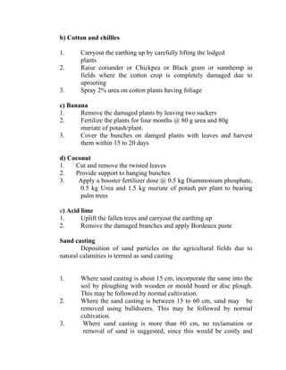 b) Cotton and chillles
1. Carryout the earthing up by carefully lifting the lodged
plants
2. Raise coriander or Chickpea or Black gram or sunnhemp in
fields where the cotton crop is completely damaged due to
uprooting
3. Spray 2% urea on cotton plants having foliage
c) Banana
1. Remove the damaged plants by leaving two suckers
2. Fertilize the plants for four months @ 80 g urea and 80g
muriate of potash/plant.
3. Cover the bunches on damged plants with leaves and harvest
them within 15 to 20 days
d) Coconut
1. Cut and remove the twisted leaves
2. Provide support to hanging bunches
3. Apply a booster fertilizer dose @ 0.5 kg Diammonium phosphate,
0.5 kg Urea and 1.5 kg muriate of potash per plant to bearing
palm trees
e) Acid lime
1. Uplift the fallen trees and carryout the earthing up
2. Remove the damaged branches and apply Bordeaux paste
Sand casting
Deposition of sand particles on the agricultural fields due to
natural calamities is termed as sand casting
1. Where sand casting is about 15 cm, incorporate the same into the
soil by ploughing with wooden or mould board or disc plough.
This may be followed by normal cultivation.
2. Where the sand casting is between 15 to 60 cm, sand may be
removed using bulldozers. This may be followed by normal
cultivation.
3. Where sand casting is more than 60 cm, no reclamation or
removal of sand is suggested, since this would be costly and
 