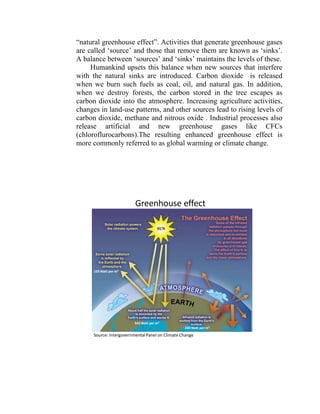 “natural greenhouse effect”. Activities that generate greenhouse gases
are called ‘source’ and those that remove them are known as ‘sinks’.
A balance between ‘sources’ and ‘sinks’ maintains the levels of these.
Humankind upsets this balance when new sources that interfere
with the natural sinks are introduced. Carbon dioxide is released
when we burn such fuels as coal, oil, and natural gas. In addition,
when we destroy forests, the carbon stored in the tree escapes as
carbon dioxide into the atmosphere. Increasing agriculture activities,
changes in land-use patterns, and other sources lead to rising levels of
carbon dioxide, methane and nitrous oxide . Industrial processes also
release artificial and new greenhouse gases like CFCs
(chloroflurocarbons).The resulting enhanced greenhouse effect is
more commonly referred to as global warming or climate change.
Greenhouse effect
Source: Intergovernmental Panel on Climate Change
240 Watt per m3
343 Watt per m3
103 Watt per m3
 