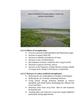 Weed infestation of water bodies is driven by 
nutrient enrichment
6.2.3.1 Effects of eutrophication
• Excessive growth of phytoplankton and filamentous algae
• Increase in aquatic plant life
• Increase in turbidity (cloudiness) of water
• Increase in rate of sedimentation
• Development of anoxic conditions (low oxygen levels)
• Decrease in species diversity, and an
• Increase in the frequency of algae blooms causing a dearth
of oxygen and a change in fish species composition
6.2.3.2 Measures to reduce artificial eutrophicaion
• Reducing the use of phosphates as builders in detergents
• Reducing the use of nitrate containing fertilizers
• Using tertiary sewage treatment methods to remove
phosphate and nitrate before discharging the effluent into
rivers and lokes
• Directing waste water away from lakes to safe treatment
& disposal sites
• Aerating lakes and reservoirs to prevent oxygen depletion
particularly during algal blooms
 