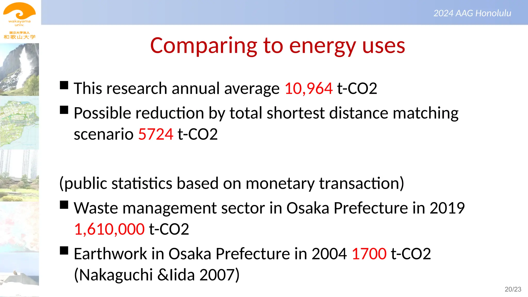 景観生態学（第１回）
2024 AAG Honolulu
Comparing to energy uses
 This research annual average 10,964 t-CO2
 Possible reduction by total shortest distance matching
scenario 5724 t-CO2
(public statistics based on monetary transaction)
 Waste management sector in Osaka Prefecture in 2019
1,610,000 t-CO2
 Earthwork in Osaka Prefecture in 2004 1700 t-CO2
(Nakaguchi &Iida 2007)
20/23
 