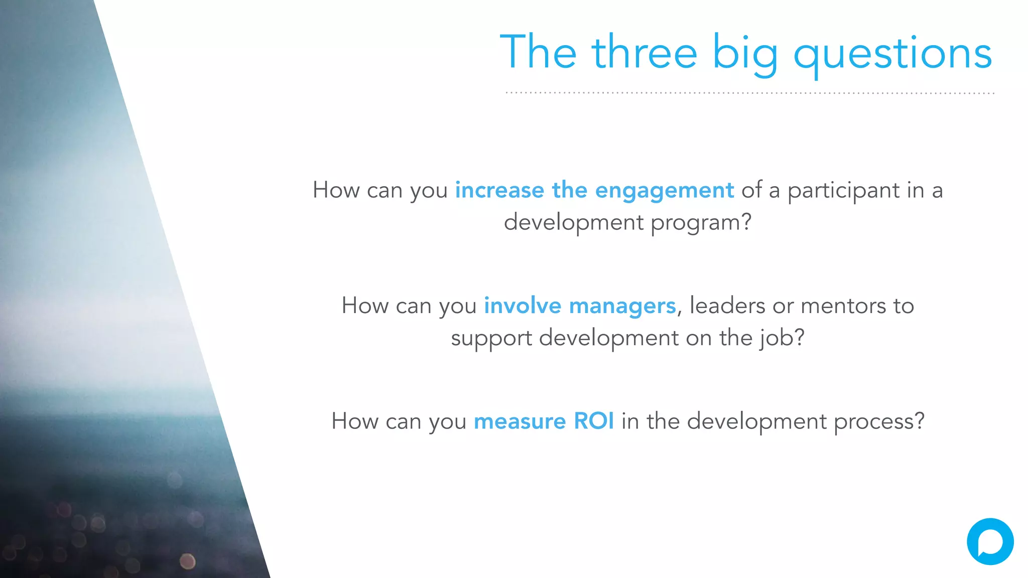 The three big questions
How can you increase the engagement of a participant in a
development program?
How can you involve managers, leaders or mentors to
support development on the job?
How can you measure ROI in the development process?
 