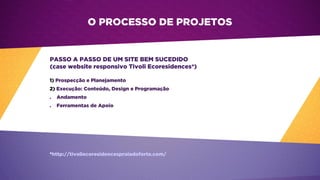O PROCESSO DE PROJETOS
PASSO A PASSO DE UM SITE BEM SUCEDIDO
(case website responsivo Tivoli Ecoresidences*)
1) Prospecção e Planejamento
2) Execução: Conteúdo, Design e Programação
. Andamento
. Ferramentas de Apoio
*http://tivoliecoresidencespraiadoforte.com/
 