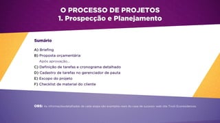 A) Briefing
B) Proposta orçamentária
Após aprovação...
C) Definição de tarefas e cronograma detalhado
D) Cadastro de tarefas no gerenciador de pauta
E) Escopo do projeto
F) Checklist de material do cliente
OBS: As informaçõesdetalhadas de cada etapa são exemplos reais do case de sucesso: web site Tivoli Ecoresidences
O PROCESSO DE PROJETOS
1. Prospecção e Planejamento
Sumário
 