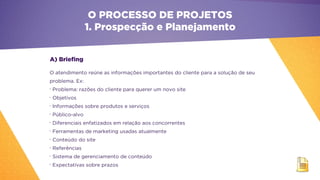 A) Briefing
O atendimento reúne as informações importantes do cliente para a solução de seu
problema. Ex:
•
Problema: razões do cliente para querer um novo site
•
Objetivos
•
Informações sobre produtos e serviços
•
Público-alvo
•
Diferenciais enfatizados em relação aos concorrentes
•
Ferramentas de marketing usadas atualmente
•
Conteúdo do site
•
Referências
•
Sistema de gerenciamento de conteúdo
•
Expectativas sobre prazos
O PROCESSO DE PROJETOS
1. Prospecção e Planejamento
 