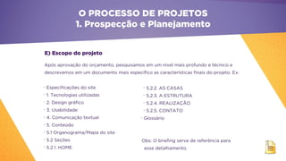 E) Escopo do projeto
Após aprovação do orçamento, pesquisamos em um nível mais profundo e técnico e
descrevemos em um documento mais específico as características finais do projeto. Ex:
•
Especificações do site
•
1. Tecnologias utilizadas
•
2. Design gráfico
•
3. Usabilidade
•
4. Comunicação textual
•
5. Conteúdo
•
5.1 Organograma/Mapa do site
•
5.2 Seções
•
5.2.1. HOME
•
5.2.2. AS CASAS
•
5.2.3. A ESTRUTURA
•
5.2.4. REALIZAÇÃO
•
5.2.5. CONTATO
•
Glossário
Obs: O briefing serve de referência para
esse detalhamento.
O PROCESSO DE PROJETOS
1. Prospecção e Planejamento
 