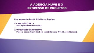 A AGÊNCIA NUVE E O
PROCESSO DE PROJETOS
Essa apresentação está dividida em 2 partes:
1. A SOLUÇÃO CERTA
Qual o problema do cliente?
2. O PROCESSO DE PROJETOS
Passo a passo de um site bem sucedido (case Tivoli Ecoresidences)
 