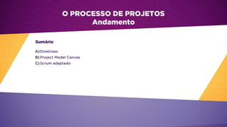 A)Diretrizes
B) Project Model Canvas
C) Scrum adaptado
O PROCESSO DE PROJETOS
Andamento
Sumário
 