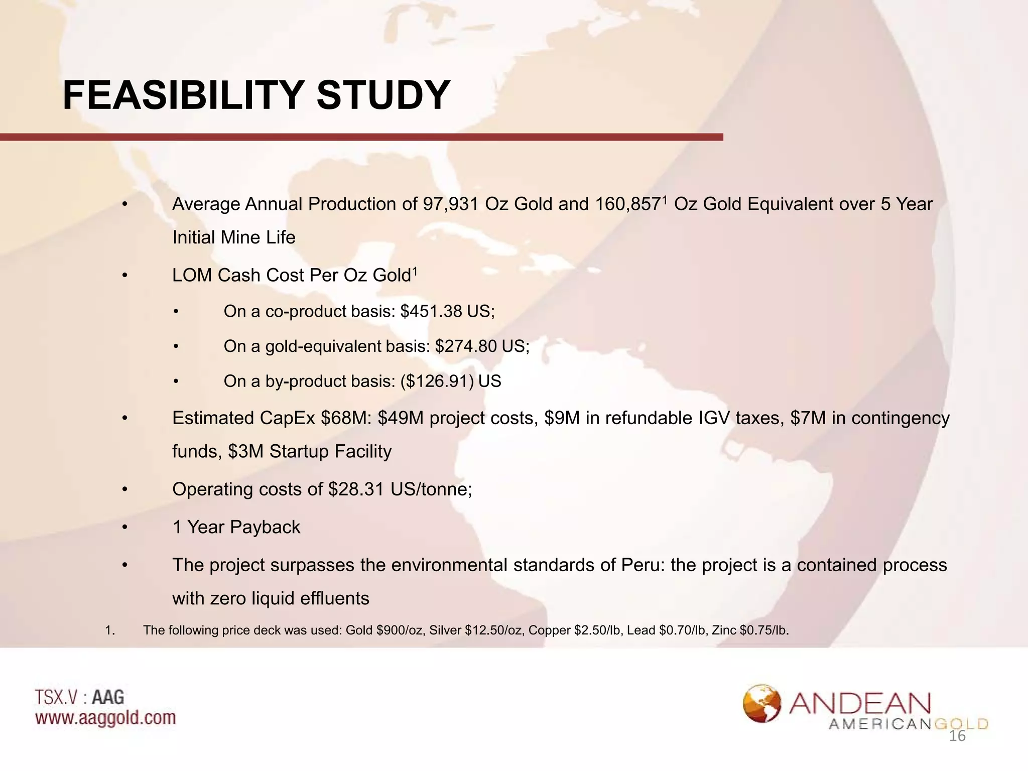 FEASIBILITY STUDY

      •        Average Annual Production of 97,931 Oz Gold and 160,8571 Oz Gold Equivalent over 5 Year
               Initial Mine Life

      •        LOM Cash Cost Per Oz Gold1
               •        On a co-product basis: $451.38 US;

               •        On a gold-equivalent basis: $274.80 US;

               •        On a by-product basis: ($126.91) US

      •        Estimated CapEx $68M: $49M project costs, $9M in refundable IGV taxes, $7M in contingency
               funds, $3M Startup Facility

      •        Operating costs of $28.31 US/tonne;

      •        1 Year Payback

      •        The project surpasses the environmental standards of Peru: the project is a contained process
               with zero liquid effluents
 1.       The following price deck was used: Gold $900/oz, Silver $12.50/oz, Copper $2.50/lb, Lead $0.70/lb, Zinc $0.75/lb.




                                                                                                                              16
 