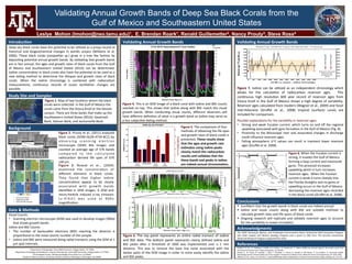  
	
  
Validating Annual Growth Bands of Deep Sea Black Corals from the
Gulf of Mexico and Southeastern United States
Leslye Mohon (lmohon@neo.tamu.edu)1, E. Brendan Roark1, Renald Guillemetter2, Nancy Prouty3, Steve Ross4
Deep-­‐sea	
  black	
  corals	
  have	
  the	
  poten2al	
  to	
  be	
  u2lized	
  as	
  a	
  proxy	
  record	
  of	
  
historical	
   and	
   biogeochemical	
   changes	
   in	
   worlds	
   oceans	
   (Williams	
   et	
   al.	
  
2006).	
   These	
   black	
   corals	
   (Leiopathes	
   sp.)	
   grow	
   in	
   a	
   tree	
   like	
   fashion	
   by	
  
deposi2ng	
  poten2al	
  annual	
  growth	
  bands.	
  By	
  valida2ng	
  that	
  growth	
  bands	
  
are	
  in	
  fact	
  annual,	
  the	
  ages	
  and	
  growth	
  rates	
  of	
  black	
  corals	
  from	
  the	
  Gulf	
  
of	
   Mexico	
   and	
   Southeastern	
   United	
   Stated	
   (SEUS)	
   can	
   be	
   determined.	
  
Iodine	
  concentra2on	
  in	
  black	
  corals	
  also	
  have	
  the	
  poten2al	
  to	
  be	
  used	
  as	
  a	
  
new	
  da2ng	
  method	
  to	
  determine	
  the	
  lifespan	
  and	
  growth	
  rates	
  of	
  black	
  
corals.	
   When	
   the	
   iodine	
   chronology	
   is	
   combined	
   with	
   radiocarbon	
  
measurements,	
   con2nuous	
   records	
   of	
   ocean	
   ven2la2on	
   changes	
   are	
  
possible.	
  	
  	
  	
  
Introduc)on	
  
Visual	
  Counts	
  
•  Scanning	
  electron	
  microscope	
  (SEM)	
  was	
  used	
  to	
  develop	
  images	
  (900x)	
  
that	
  shows	
  growth	
  bands.	
  
Iodine	
  and	
  BSE	
  Counts	
  
•  The	
   number	
   of	
   backscaPer	
   electrons	
   (BSE)	
   reaching	
   the	
   detector	
   is	
  
propor2onal	
  to	
  the	
  mean	
  atomic	
  number	
  of	
  the	
  sample.	
  
•  Iodine	
  and	
  BSE	
  were	
  measured	
  along	
  radial	
  transects	
  using	
  the	
  SEM	
  at	
  1	
  
µm	
  spot	
  intervals.	
  
Figure	
  2.	
  Prouty	
  et	
  al.,	
  (2011)	
  analyzed	
  	
  
black	
  corals	
  (GOM-­‐JSL04-­‐4734-­‐BC1)	
  by	
  
o b s e r v i n g	
   s c a n n i n g	
   e l e c t r o n	
  
microscope	
   (SEM)	
   40x	
   images	
   and	
  
counted	
  an	
  average	
  age	
  of	
  576	
  bands	
  
c o m p a r e d	
   t o	
   t h e	
   c a l c u l a t e d	
  
radiocarbon	
   derived	
   life	
   span	
   of	
   670	
  
±40	
  yrs.	
  
The	
  USGS	
  Terrestrial,	
  Marine,	
  and	
  Freshwater	
  Environments-­‐Outer	
  Con2nental	
  Shelf	
  Ecosystem	
  Program	
  
and	
   USGS	
   Coastal	
   and	
   Marine	
   Geology	
   Program	
   and	
   a	
   grant	
   to	
   EBR	
   from	
   The	
   Norman	
   Hackerman	
  
Advanced	
  Research	
  Program	
  supported	
  this	
  work.	
  	
  
Acknowledgments	
  
§  Conﬁdent	
  that	
  the	
  growth	
  bands	
  in	
  black	
  corals	
  are	
  indeed	
  annual.	
  
§  Iodine	
   and	
   visual	
   counts	
   along	
   with	
   BSE	
   are	
   suitable	
   methods	
   to	
  
calculate	
  growth	
  rates	
  and	
  life	
  spans	
  of	
  black	
  corals	
  	
  
§  Ongoing	
   research	
   will	
   replicate	
   and	
   validate	
   reservoir	
   ages	
   to	
   account	
  
for	
  the	
  variability	
  in	
  ocean	
  circula2on.	
  
Conclusions	
  
Figure	
  4.	
  This	
  is	
  an	
  SEM	
  image	
  of	
  a	
  black	
  coral	
  with	
  iodine	
  and	
  BSE	
  counts	
  
overlaid	
  on	
  top.	
  This	
  shows	
  that	
  Iodine	
  along	
  with	
  BSE	
  match	
  the	
  visual	
  
growth	
   bands.	
   When	
   conduc2ng	
   visual	
   counts,	
   diﬀerent	
   observers	
   will	
  
have	
  diﬀerent	
  deﬁni2on	
  of	
  what	
  is	
  a	
  growth	
  band	
  so	
  iodine	
  may	
  serve	
  as	
  
a	
  less	
  subjec2ve	
  da2ng	
  method.	
  	
  
Figure	
  6.	
  The	
  top	
  panel	
  represents	
  an	
  en2re	
  radial	
  transect	
  of	
  iodine	
  
and	
  BSE	
  data.	
  The	
  boPom	
  panel	
  represents	
  clearly	
  deﬁned	
  iodine	
  and	
  
BSE	
   peaks	
   ader	
   a	
   threshold	
   of	
   1000	
   was	
   implemented	
   over	
   a	
   1	
   mm	
  
distance.	
   This	
   was	
   to	
   remove	
   the	
   base	
   line	
   noise	
   associated	
   with	
   the	
  
darker	
  parts	
  of	
  the	
  SEM	
  image	
  in	
  order	
  to	
  more	
  easily	
  iden2fy	
  the	
  iodine	
  
and	
  BSE	
  peaks.	
  	
  
Study	
  Site	
  and	
  Samples	
  	
  
	
  
	
  
	
  
	
  
	
  
	
  
	
  
	
  
	
  
	
  	
  
Figure	
  7.	
  Iodine	
  can	
  be	
  u2lized	
  as	
  an	
  independent	
  chronology	
  which	
  
allows	
   for	
   the	
   calcula2on	
   of	
   radiocarbon	
   reservoir	
   ages.	
   	
   This	
  
con2nuous	
   high	
   resolu2on	
   600	
   year	
   record	
   of	
   reservoir	
   ages	
   from	
  
Viosca	
  Knoll	
  in	
  the	
  Gulf	
  of	
  Mexico	
  shows	
  a	
  high	
  degree	
  of	
  variability.	
  
Reservoir	
  ages	
  calculated	
  from	
  modern	
  (Wagner	
  et	
  al.,	
  2009)	
  and	
  fossil	
  
mid-­‐Holocene	
   (Druﬀel	
   et	
   al.,	
   2008)	
   tropical	
   (surface)	
   corals	
   are	
  	
  
included	
  for	
  comparison.	
  
Possible	
  explana2ons	
  for	
  the	
  variability	
  in	
  reservoir	
  ages:	
  
•  Strong	
  and	
  weak	
  Yucatan	
  current,	
  which	
  turns	
  on	
  and	
  oﬀ	
  the	
  regional	
  
upwelling	
  associated	
  with	
  gyre	
  forma2on	
  in	
  the	
  Gulf	
  of	
  Mexico	
  (Fig.	
  8).	
  	
  
•  Proximity	
  to	
  the	
  Mississippi	
  river	
  and	
  associated	
  changes	
  in	
  discharge	
  
could	
  inﬂuence	
  reservoir	
  ages.	
  	
  	
  	
  
•  Falling	
   atmospheric	
   ∆14C	
   values	
   can	
   result	
   in	
   transient	
   lower	
   reservoir	
  
ages	
  (Druﬀel	
  et	
  al.	
  2008).	
  	
  
	
  
	
  	
  	
  	
  	
  	
  	
  	
  	
  	
  	
  	
  	
  	
  	
  	
  	
  	
  	
  	
  	
  	
  	
  	
  	
  	
  	
  	
  	
  	
  	
  	
  	
  	
  	
  	
  	
  	
  	
  	
  	
  	
  	
  	
  	
  	
  	
  	
  	
  	
  	
  	
  	
  	
  	
  	
  	
  	
  	
  	
  	
  	
  	
  	
  	
  	
  	
  	
  	
  	
  
	
  
	
  
	
  
	
  
	
  
	
  
	
  
	
  
•  250	
  µm	
  by	
  250	
  µm	
  
•  Magniﬁed	
  by	
  900x	
  
•  SEM	
  and	
  PIXIE	
  analyses	
  
Figure	
   3.	
   Nowak	
   et	
   al.,	
   (2009)	
  
examined	
   the	
   concentra2on	
   of	
  
diﬀerent	
   elements	
   in	
   black	
   corals.	
  
They	
   found	
   that	
   higher	
   iodine	
  
concentra2ons	
   appear	
   to	
   be	
   closely	
  
associated	
   with	
   growth	
   bands	
  
iden2ﬁed	
   in	
   SEM	
   images.	
   A	
   SEM	
   and	
  
micro-­‐Par2cle	
   induced	
   x-­‐ray	
   Emission	
  
( u -­‐ P I X I E )	
   w a s	
   u s e d	
   a t	
   9 0 0 x	
  
magniﬁca2on.	
  
	
  Figure	
  1.	
  Map	
  of	
  two	
  loca2ons	
  where	
  the	
  black	
  
corals	
  were	
  collected.	
  In	
  the	
  Gulf	
  of	
  Mexico	
  the	
  
corals	
  came	
  from	
  the	
  Viosca	
  Knoll	
  or	
  the	
  Desoto	
  
canyon.	
  There	
  are	
  three	
  banks	
  that	
  make	
  up	
  the	
  
Southeastern	
  United	
  States	
  (SEUS):	
  Savannah	
  
Bank,	
  Stetson	
  Bank,	
  and	
  Jacksonville	
  Bank.	
  
Valida)ng	
  Annual	
  Growth	
  Bands	
  
Data	
  &	
  Methods	
  
Figure	
  5.	
  The	
  comparison	
  of	
  four	
  
methods	
  of	
  obtaining	
  the	
  life	
  span	
  
and	
  growth	
  rates	
  of	
  black	
  corals	
  is	
  
presented.	
  These	
  results	
  show	
  
that	
  the	
  ages	
  and	
  growth	
  rate	
  
es)mates	
  using	
  iodine	
  peaks	
  
closely	
  match	
  the	
  radiocarbon	
  
results	
  and	
  validates	
  that	
  the	
  
these	
  bands	
  and	
  peaks	
  in	
  iodine	
  
are	
  indeed	
  annual	
  chronometers.	
  
GOM-JSL04-4734-BC1	

1	
  Department	
  of	
  Geography,	
  Texas	
  A&M	
  University,	
  College	
  Sta2on,	
  TX	
  77840	
  
2Department	
  of	
  Geology	
  and	
  Geophysics,	
  Electron	
  Microbe	
  Lab,	
  Texas	
  A&M	
  University,	
  College	
  Sta2on,	
  TX	
  77840	
  
3US	
  Geological	
  Survey,	
  400	
  Natural	
  Bridges	
  Drive	
  Santa	
  Cruz,	
  CA	
  95060	
  	
  
4Center	
  for	
  Marine	
  Science,	
  University	
  of	
  North	
  Carolina	
  at	
  Wilmington,	
  Wilmington,	
  NC	
  28409	
  	
  
Figure	
  8.	
  When	
  the	
  Yucatan	
  current	
  is	
  
strong,	
  it	
  invades	
  the	
  Gulf	
  of	
  Mexico	
  
forming	
  a	
  loop	
  current	
  and	
  mesoscale	
  
gyres.	
  This	
  process0	
  increases	
  
upwelling	
  which	
  in	
  turn	
  increases	
  
reservoir	
  ages.	
  	
  When	
  the	
  Yucatan	
  
current	
  is	
  weak	
  it	
  turns	
  sharply	
  into	
  
the	
  Florida	
  Straights	
  and	
  no	
  gyres	
  or	
  
upwelling	
  occurs	
  in	
  the	
  Gulf	
  of	
  Mexico	
  
decreasing	
  the	
  reservoir	
  ages	
  recorded	
  
in	
  the	
  black	
  corals	
  (Druﬀel	
  et	
  al.	
  2008).	
  	
  
Druﬀel,	
  E.	
  R.	
  M.,	
  L.	
  F.	
  Robinson,	
  S.	
  Griﬃn,	
  R.	
  B.	
  Halley,	
  J.	
  R.	
  Southon	
  &	
  J.	
  F.	
  Adkins	
  (2008)	
  Low	
  reservoir	
  ages	
  for	
  the	
  surface	
  ocean	
  from	
  
mid-­‐Holocene	
  Florida	
  corals.	
  Paleoceanography,	
  23,	
  PA2209.	
  	
  
Nowak,	
   D.,	
   M.	
   Florek,	
   W.	
   Kwiatek,	
   J.	
   Lekki,	
   P.	
   Chevallier,	
   A.	
   Hacura,	
   R.	
   Wrzalik,	
   B.	
   Ben-­‐Nissan,	
   R.	
   Van	
   Grieken,	
   A.	
   Kuczumow	
   (2009).	
  
Morphology	
  and	
  the	
  Chemical	
  Make-­‐Up	
  of	
  the	
  Inorganic	
  Components	
  of	
  Black	
  Corals.	
  Materials	
  Science	
  and	
  Engineering,	
  29,	
  1029-­‐1038.	
  	
  
Williams,	
  B.,	
  M.	
  J.	
  Risk,	
  S.	
  W.	
  Ross	
  &	
  K.	
  J.	
  Sulak	
  (2006)	
  Deep-­‐water	
  an2patharians:	
  Proxies	
  of	
  environmental	
  change.	
  Geology,	
  34,	
  773-­‐776	
  	
  
References	
  
Measured 14C age – IntCal09 Atm 14C age (yrs. BP –Iodine age model) = 14C reservoir age	

	
  
	
  
	
  
	
  
Background	
  
Valida)ng	
  Annual	
  Growth	
  Bands	
  
 